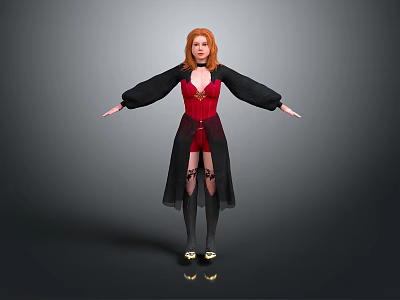 Red Haired Woman In Red Corset Black Robe And Gold Shoes With Arms Outstretched 3d model