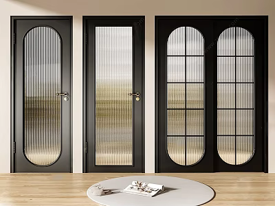 Black Interior Doors With Various Glass Designs And Wooden Floor Round Table 3d model