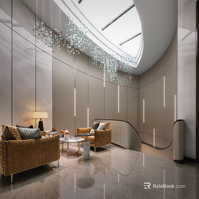 Elegant Modern Living Room With Curved Walls Crystal Chandelier Sofas And Coffee Table 3d model 