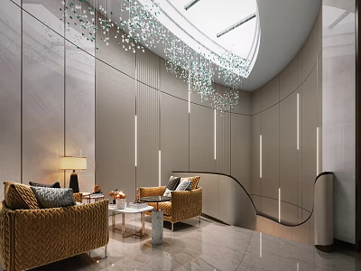Elegant Modern Living Room With Curved Walls Crystal Chandelier Sofas And Coffee Table 3d model