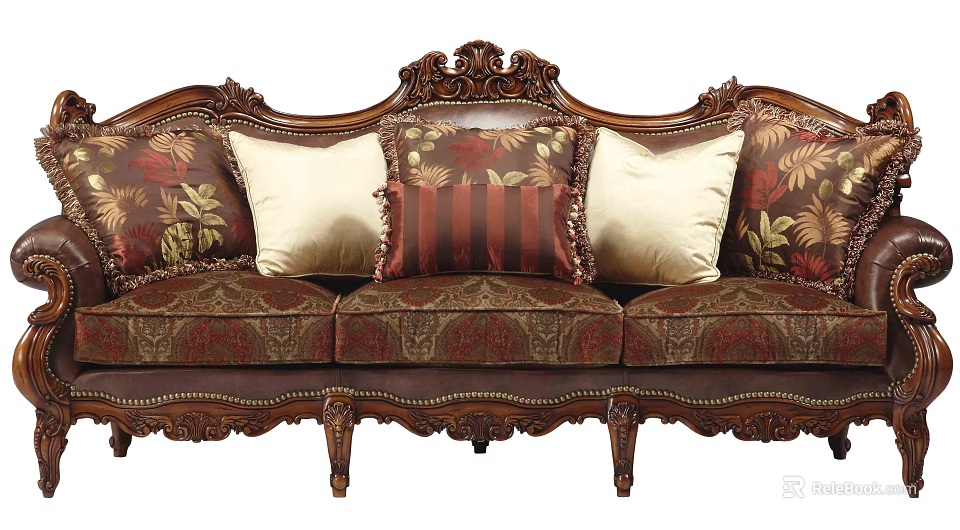 Three Seater Sofa with Classic Carved Wooden Frame and Decorative Patterned Upholstery Pillows 3d model 