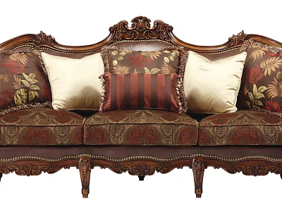 Three Seater Sofa with Classic Carved Wooden Frame and Decorative Patterned Upholstery Pillows 3d model