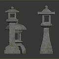 Three Variously Designed Stone Lanterns With Mossy Surfaces On Reflective Dark Background