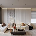 Modern Living Dining Room Interior Design with Large Windows Sofa Pillows Coffee Table and Textured Wall