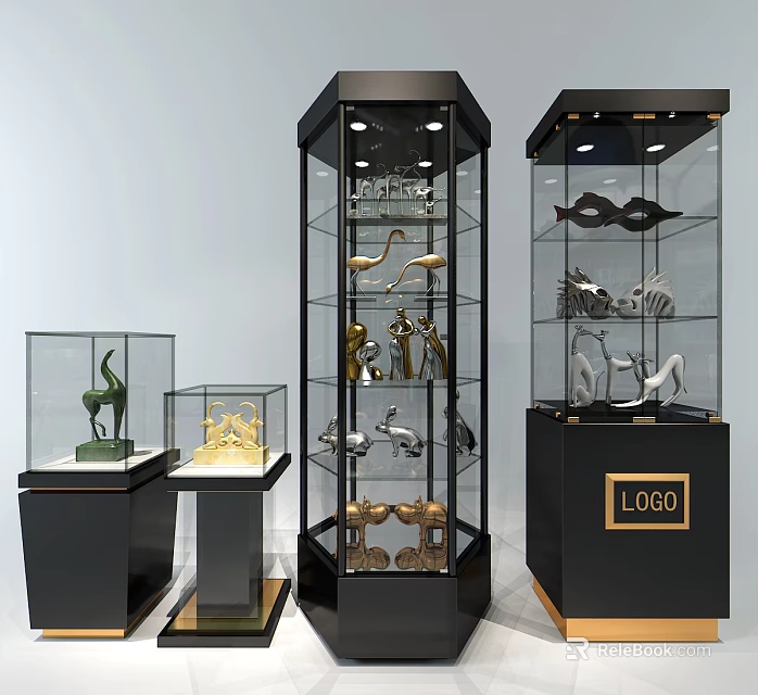 Modern Glass Display Shelves With Lighting For Decorative Sculptures And Logo Base 3d model 
