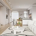Modern Dining Living Room Interior With White Cabinets Island Counter Arched Doorway And Wooden Flooring