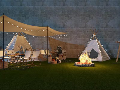 Cozy Garden Landscape With Tepees String Lights Fire Pit Green Grass Stone Wall And Chairs 3d model