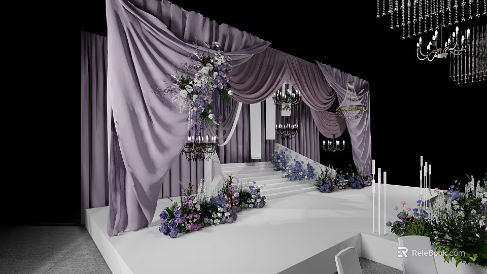 Elegant Banquet Hall With Purple Drapery Floral Decor Stage Steps And Chandeliers 3d model 