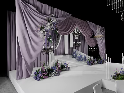 Elegant Banquet Hall With Purple Drapery Floral Decor Stage Steps And Chandeliers 3d model