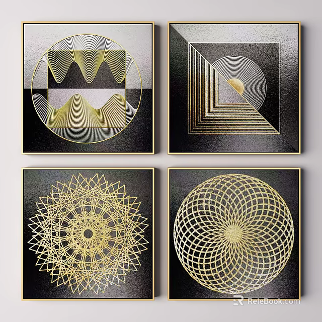 Abstract Geometric Wall Art With Gold Lines And Black Background Frames 3d model 
