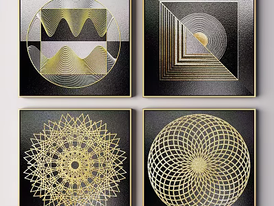 Abstract Geometric Wall Art With Gold Lines And Black Background Frames 3d model