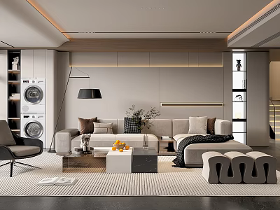Contemporary Living Room Interior With Light Sofa Pillows Coffee Table Floor Lamp And Green Plants 3d model