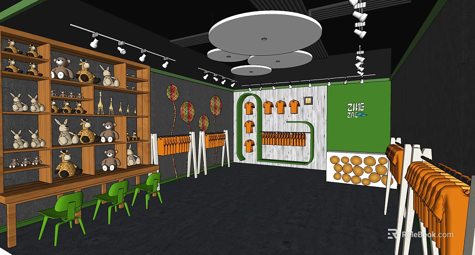Modern Clothing Store Interior Design With Green Chairs Display Racks And Apparel 3d model 