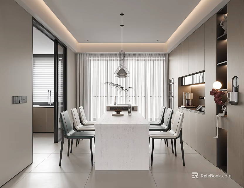 Modern Minimalist Dining Room Interior With White Table Chairs Pendant Light And Cabinets 3d model 