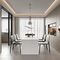 Modern Minimalist Dining Room Interior With White Table Chairs Pendant Light And Cabinets