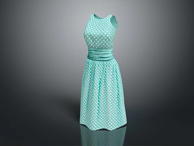 Light Green Sleeveless Dress With White Polka Dots And Belt Design 3d model
