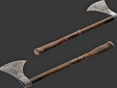 Two Vintage Battle Axes With Metal Blades And Wooden Handles 3d model