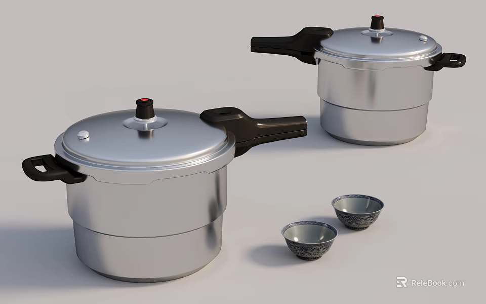 Two Aluminum Pressure Cookers With Small Ceramic Cups On White Surface 3d model 