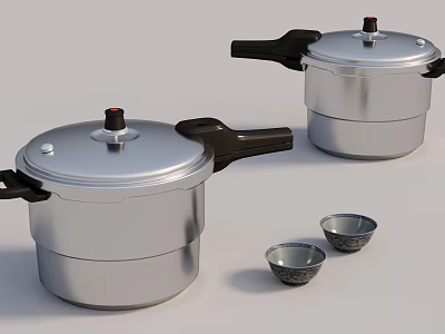 Two Aluminum Pressure Cookers With Small Ceramic Cups On White Surface 3d model