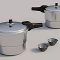 Two Aluminum Pressure Cookers With Small Ceramic Cups On White Surface 3d model