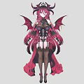 Children Fantasy Character With Pink Hair Black Horns And Red Wings Costume