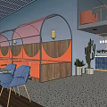 Modern Cafe Interior With Blue Bar Counter Bar Stools Cactus Plants And Polka Dot Floor