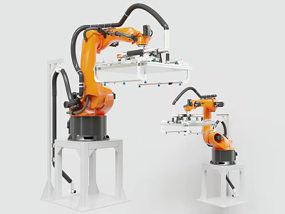 Intelligent Industrial Robotic Arms With Orange White Mechanical Structure And Base 3d model