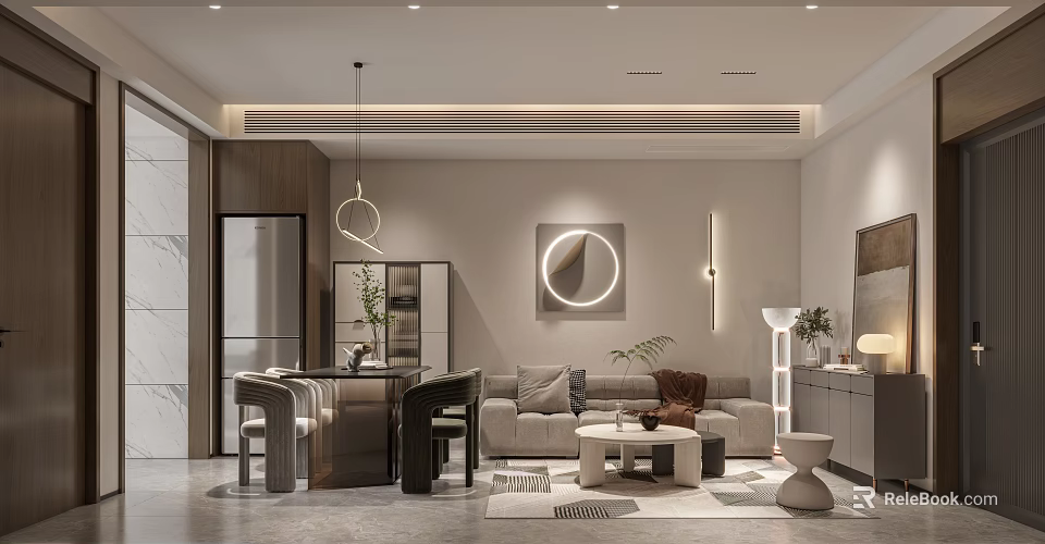 Modern Apartment Interior With Sofa Dining Table And Decor 3d model 