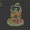 Lego Wooden Building With Purple Roof and Balcony on Circular Base Surrounded by Green Grass