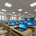 School Classroom Equipped With Multiple Laptops On Wooden Desks Windows And Bright Lighting 3d model