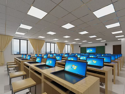 School Classroom Equipped With Multiple Laptops On Wooden Desks Windows And Bright Lighting 3d model