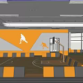 Modern Basketball Court Interior Design With Wooden Floor Orange And Black Benches And Wall Posters