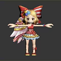 Woman With Blonde Hair Large Red Bow Colorful Flowers Red Top And Outstretched Arms