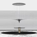 Contemporary Chandelier With Vertical Light Strings Above Round Table In Gray Room