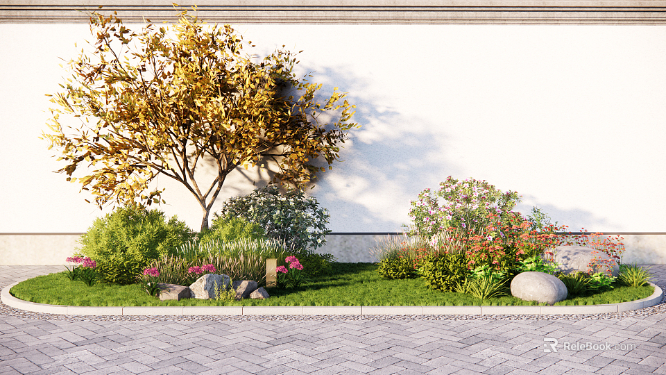 Garden with Golden Tree Green Shrubs Pink Flowers Grass Stones Paved Path and White Wall 3d model 