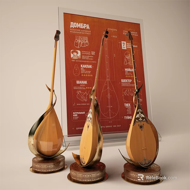 Handmade Traditional Musical Instruments With Vintage Design Posters And Detailed Sketches 3d model 