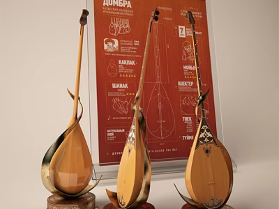 Handmade Traditional Musical Instruments With Vintage Design Posters And Detailed Sketches 3d model