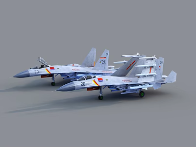 Two Military Fighter Jets Parked With National Emblems And Serial Numbers 3d model