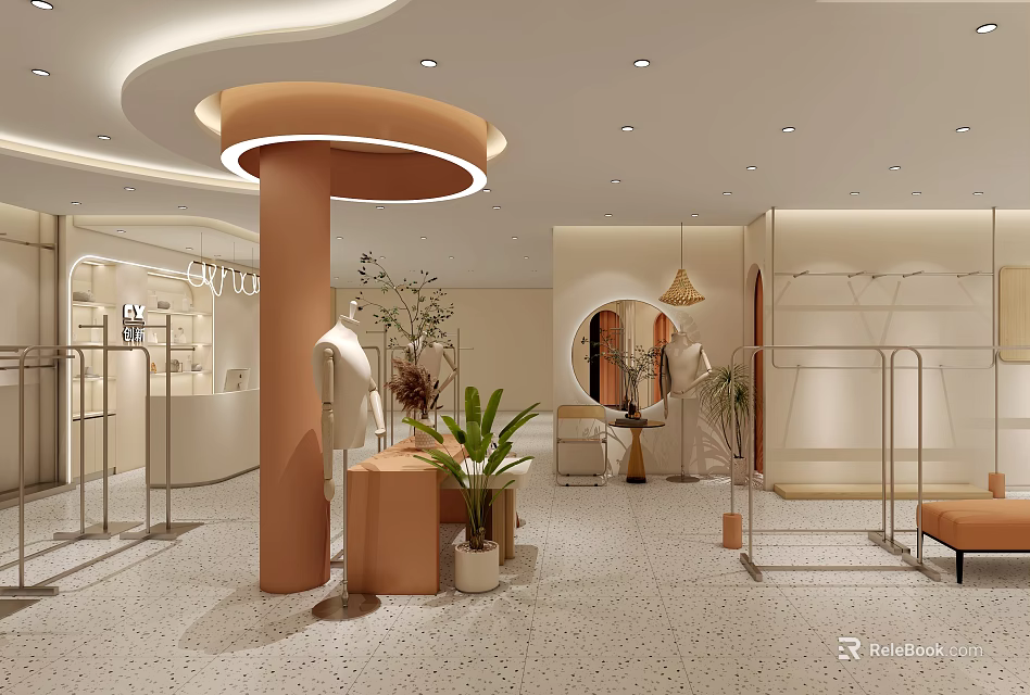Modern Clothing Store Interior With Clothing Racks Mannequins And Green Plants 3d model 