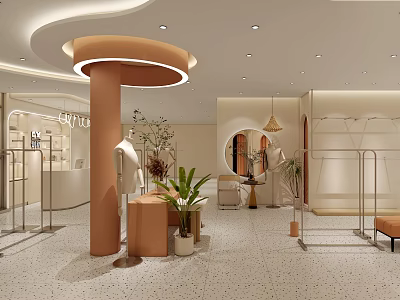 Modern Clothing Store Interior With Clothing Racks Mannequins And Green Plants 3d model