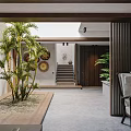 Modern Open Concept Living and Dining Room with Wooden Furniture Green Plants and Hanging Lights