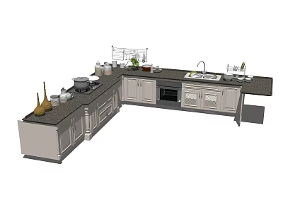 Modern Kitchen Cabinets With Countertop Sink Oven And Kitchen Utensils 3d model