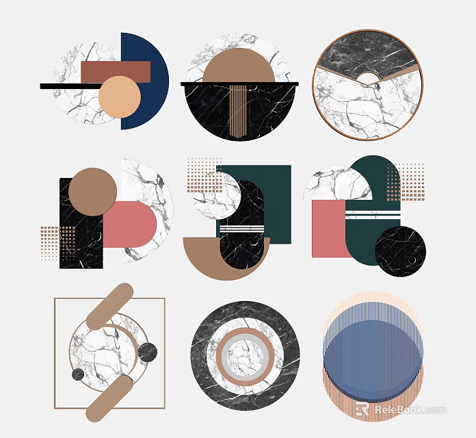 Modern Geometric Wall Decor with Marble Texture Abstract Shapes and Colorful Patterns 3d model 