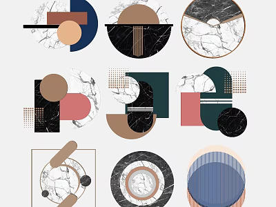 Modern Geometric Wall Decor with Marble Texture Abstract Shapes and Colorful Patterns 3d model