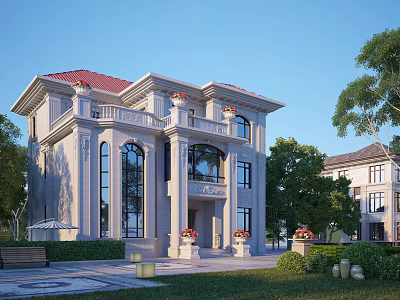 Elegant Detached Villa With Red Roof Columns Balcony And Green Garden Surroundings 3d model