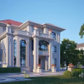 Elegant Detached Villa With Red Roof Columns Balcony And Green Garden Surroundings