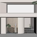 Modern Storefront Facade With Grid Pattern Entrance Area Concrete Finish Decorative Plants And Warm Lighting