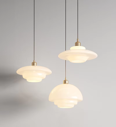 Modern Minimalist Three Pendant Lights With White Shades And Golden Accents For Grey Wall 3d model