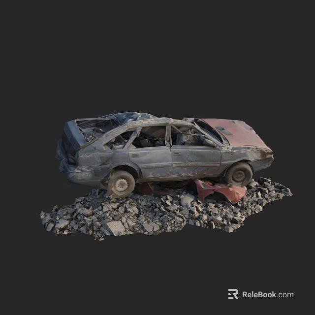 Wrecked Old Car Surrounded by Rubble With Broken Windows and Dented Body 3d model