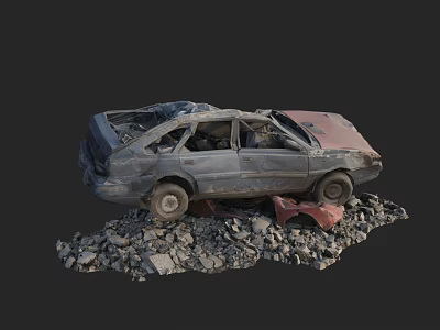 Wrecked Old Car Surrounded by Rubble With Broken Windows and Dented Body 3d model